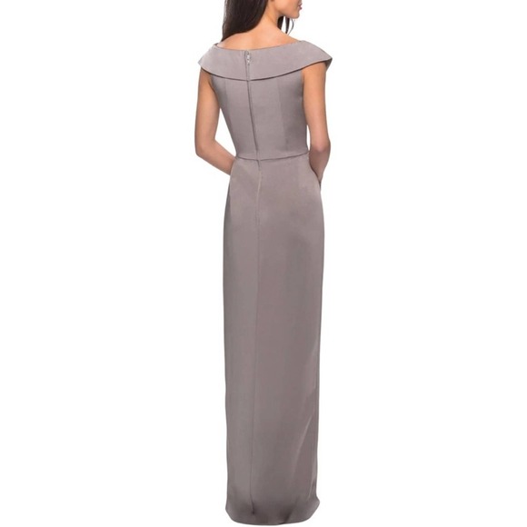 La Femme Gown Ruched Off Shoulder Formal Dress Pewter Sz 2 - Picture 2 of 9